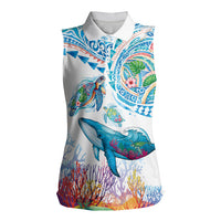 Hawaiian Turtles and Whales Women Sleeveless Polo Shirt Polynesian Tropical Tattoo Ocean Style LT03 Female Multicolor - Polynesian Pride