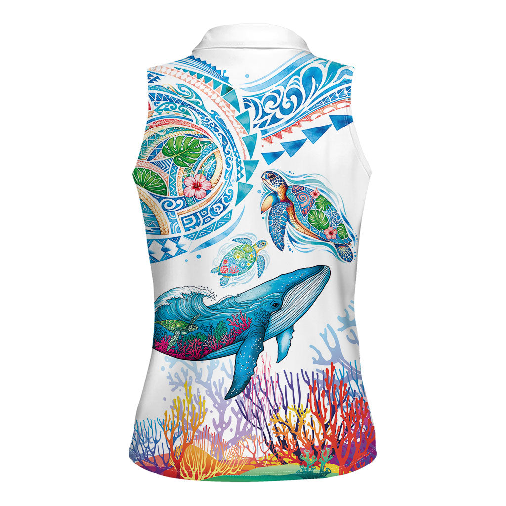 Hawaiian Turtles and Whales Women Sleeveless Polo Shirt Polynesian Tropical Tattoo Ocean Style LT03 - Polynesian Pride