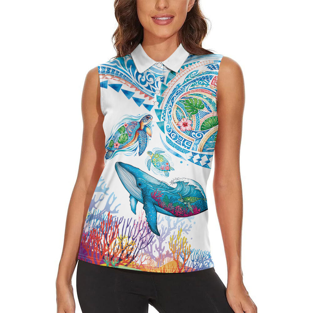 Hawaiian Turtles and Whales Women Sleeveless Polo Shirt Polynesian Tropical Tattoo Ocean Style LT03 - Polynesian Pride