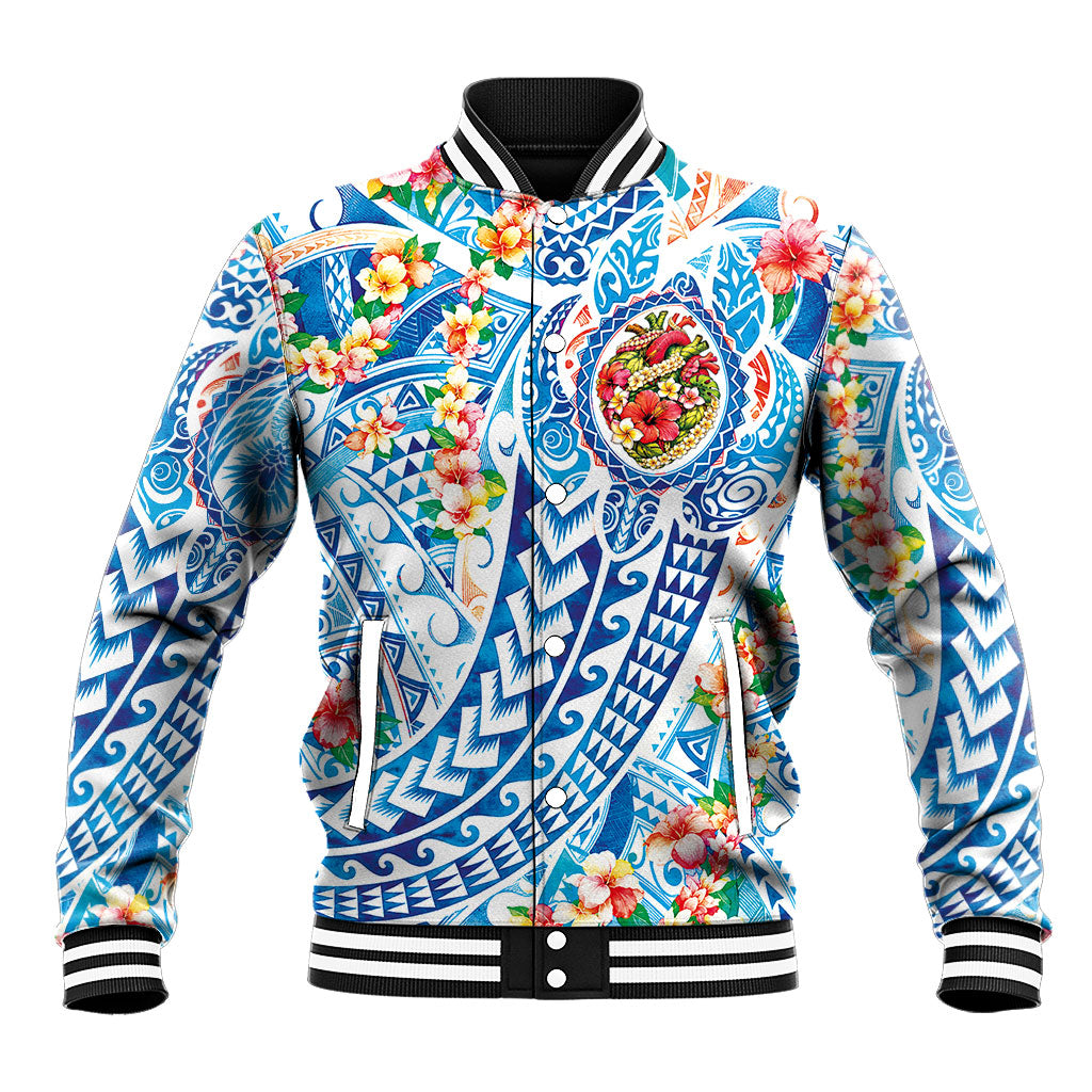 Hawaiian Turtle and Lei Baseball Jacket Tribal Kakau and Tropical Plants Human Heart LT03 Unisex Multicolor - Polynesian Pride