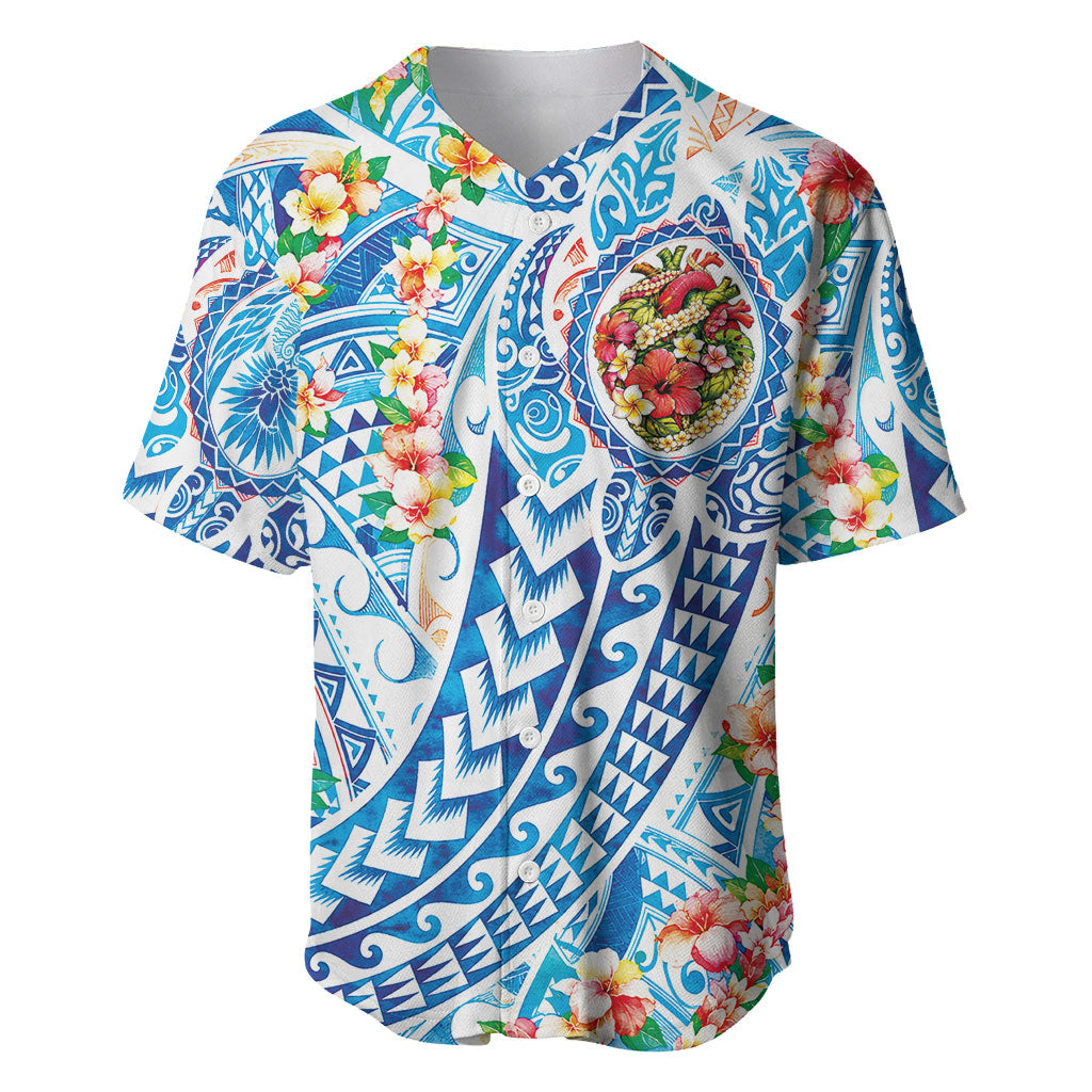 Hawaiian Turtle and Lei Baseball Jersey Tribal Kakau and Tropical Plants Human Heart LT03 Multicolor - Polynesian Pride