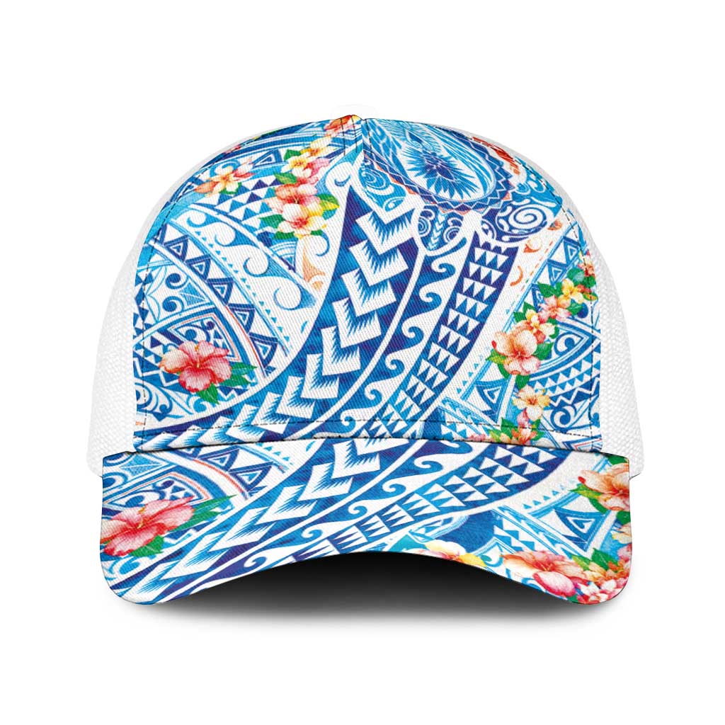 Hawaiian Turtle and Lei Baseball Net Cap Tribal Kakau and Tropical Plants Watercolor Style LT03 One Size White Multicolor - Polynesian Pride