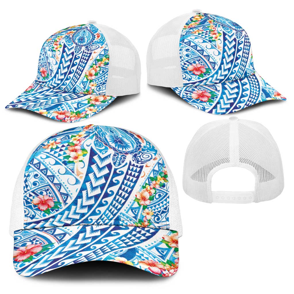Hawaiian Turtle and Lei Baseball Net Cap Tribal Kakau and Tropical Plants Watercolor Style LT03 - Polynesian Pride