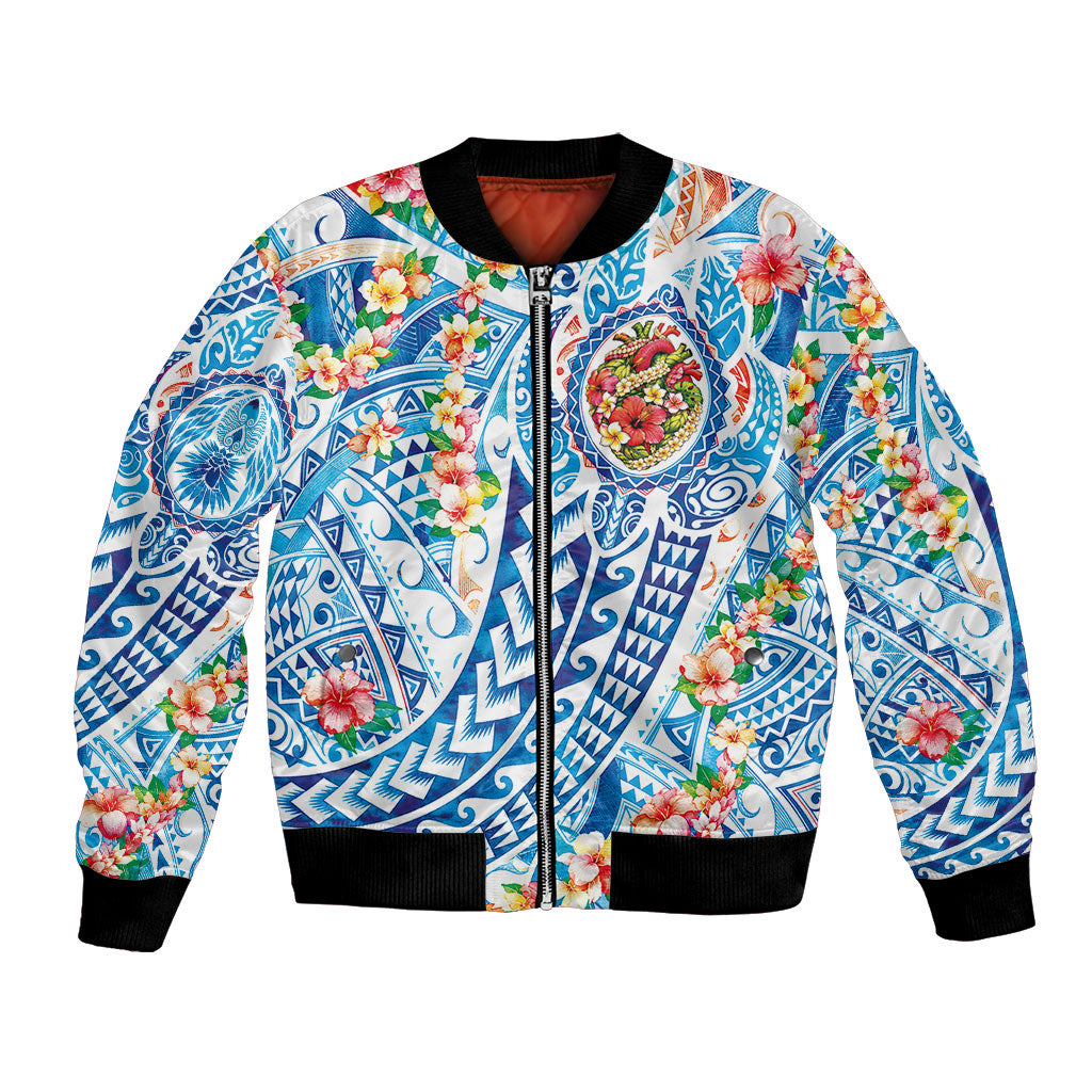 Hawaiian Turtle and Lei Bomber Jacket Tribal Kakau and Tropical Plants Human Heart LT03 Unisex Multicolor - Polynesian Pride