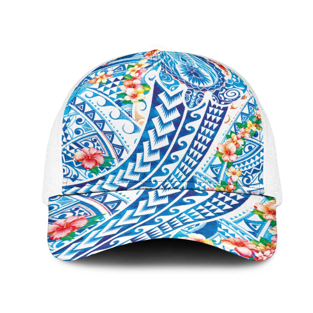 Hawaiian Turtle and Lei Mesh Trucker Cap Tribal Kakau and Tropical Plants Watercolor Style LT03 One Size White Multicolor - Polynesian Pride