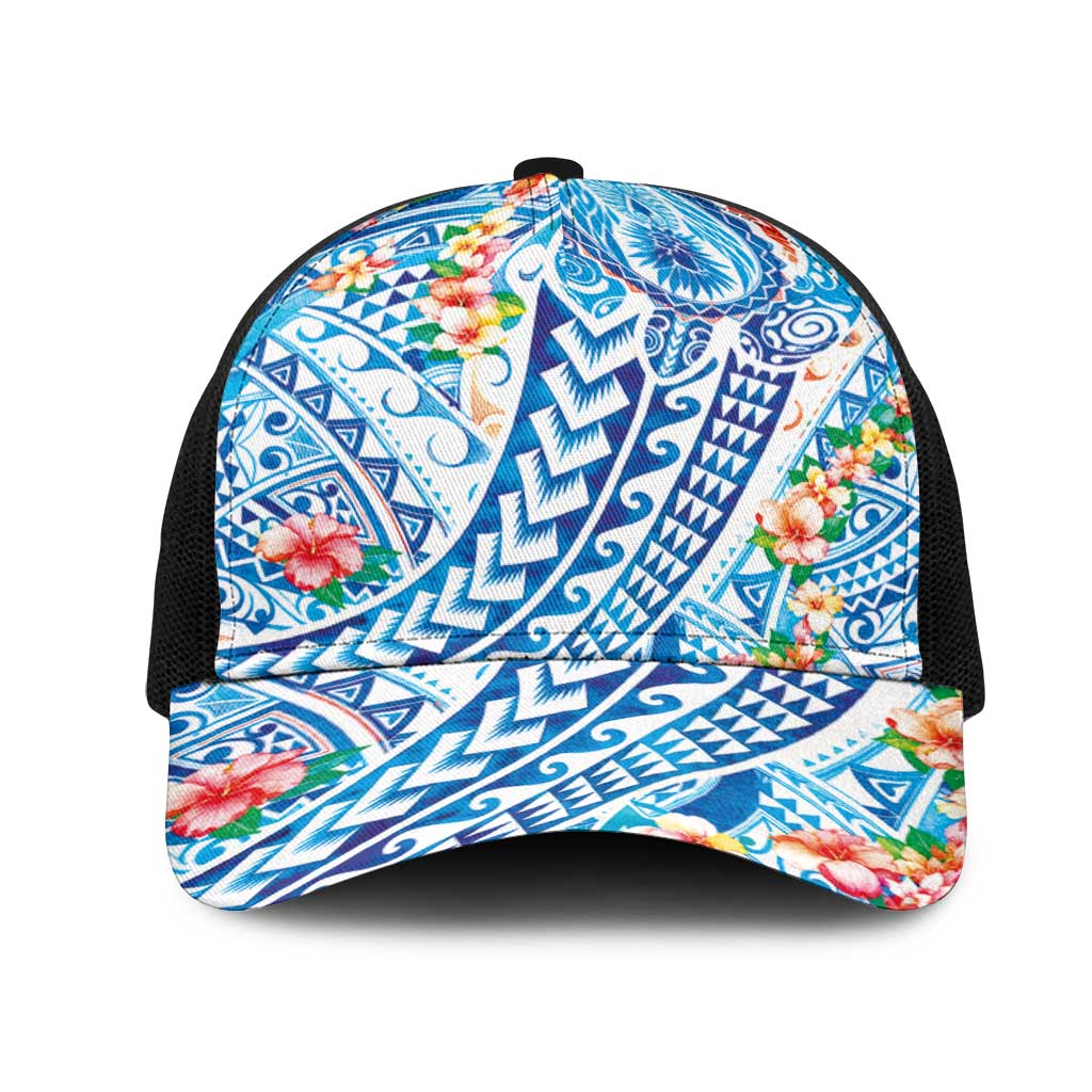 Hawaiian Turtle and Lei Mesh Trucker Cap Tribal Kakau and Tropical Plants Watercolor Style LT03 One Size Black Multicolor - Polynesian Pride