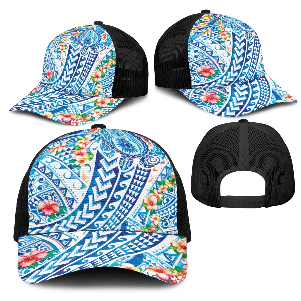 Hawaiian Turtle and Lei Mesh Trucker Cap Tribal Kakau and Tropical Plants Watercolor Style LT03 - Polynesian Pride
