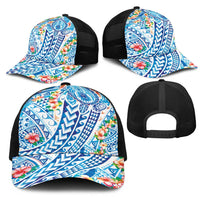Hawaiian Turtle and Lei Mesh Trucker Cap Tribal Kakau and Tropical Plants Watercolor Style LT03 - Polynesian Pride