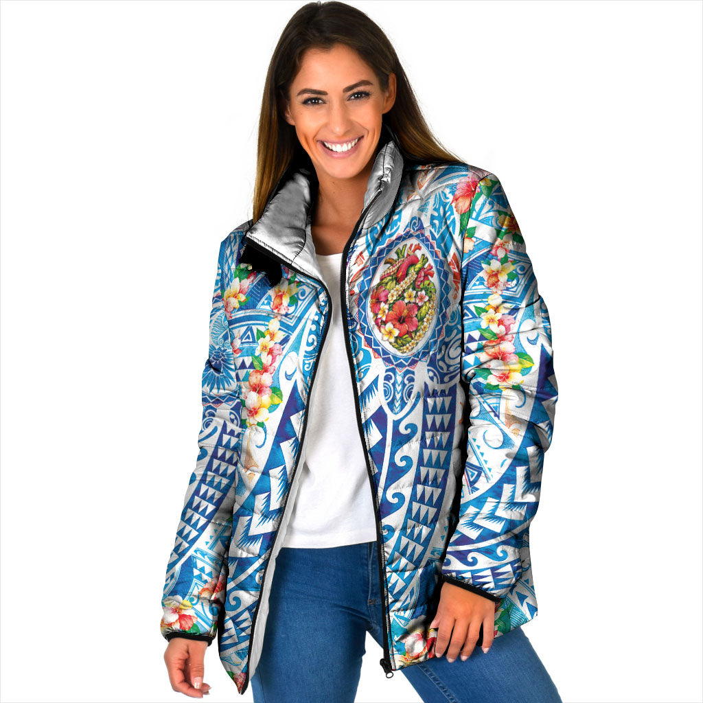 Hawaiian Turtle and Lei Padded Jacket Tribal Kakau and Tropical Plants Human Heart LT03 Women Multicolor - Polynesian Pride