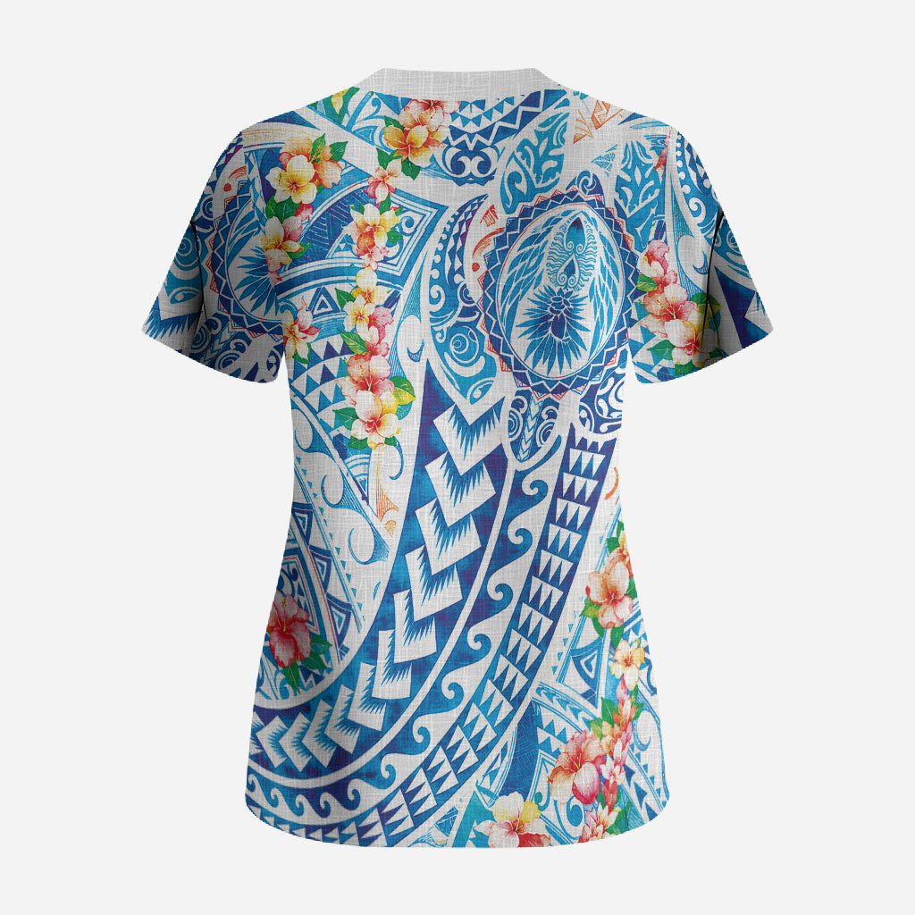 Hawaiian Turtle and Lei Scrub Top Tribal Kakau and Tropical Plants Human Heart LT03 - Polynesian Pride