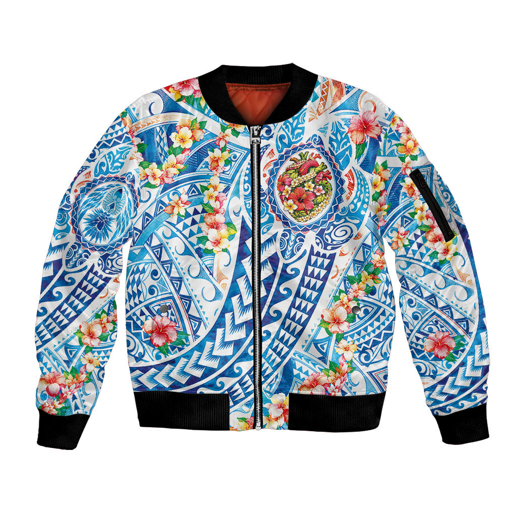 Hawaiian Turtle and Lei Sleeve Zip Bomber Jacket Tribal Kakau and Tropical Plants Human Heart LT03 Unisex Multicolor - Polynesian Pride