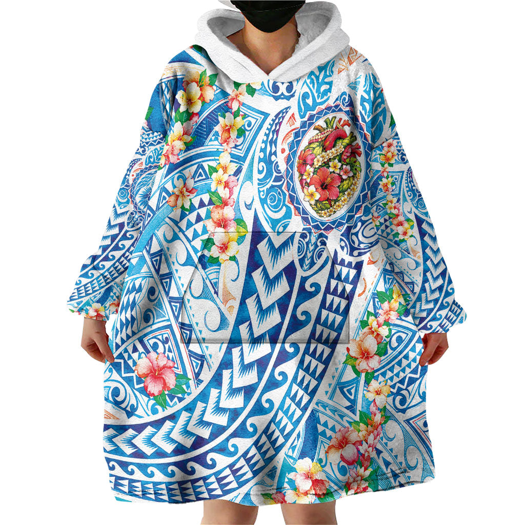 Hawaiian Turtle and Lei Wearable Blanket Hoodie Tribal Kakau and Tropical Plants Human Heart LT03 - Polynesian Pride