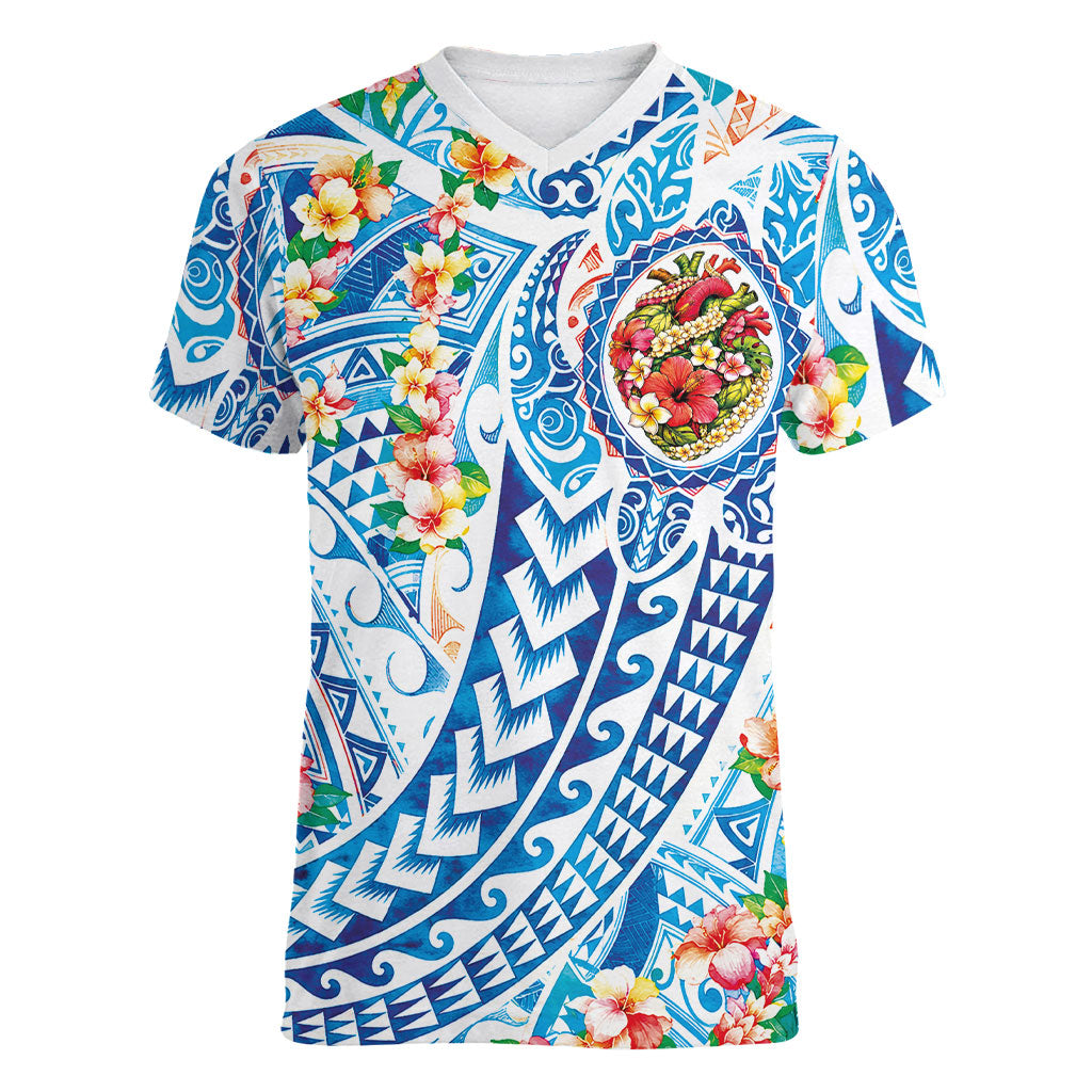 Hawaiian Turtle and Lei Women V-Neck T-Shirt Tribal Kakau and Tropical Plants Human Heart LT03 Female Multicolor - Polynesian Pride