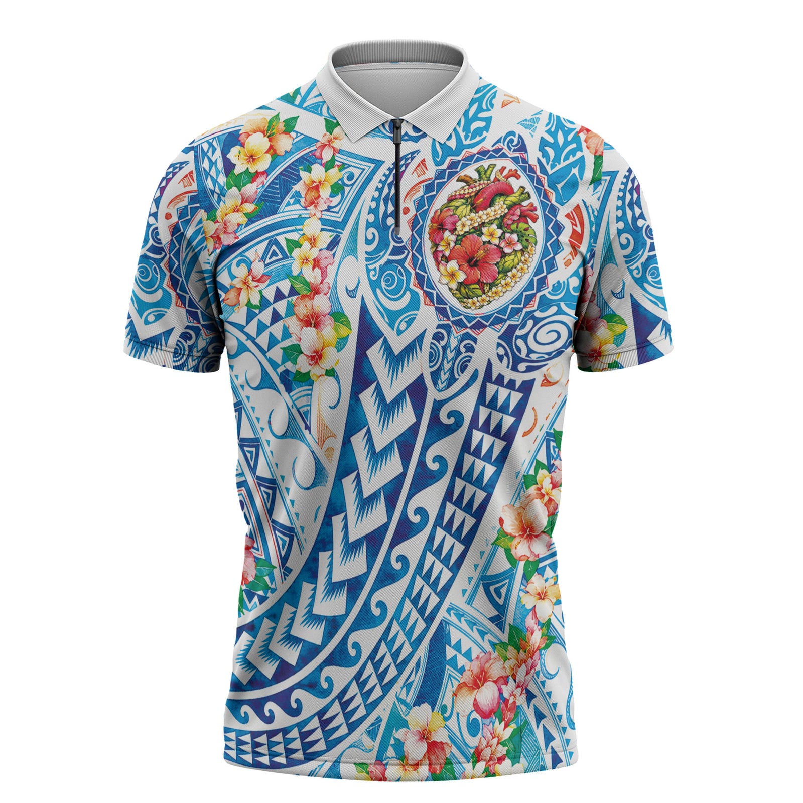 Hawaiian Turtle and Lei Zipper Polo Shirt Tribal Kakau and Tropical Plants Human Heart LT03 Multicolor - Polynesian Pride