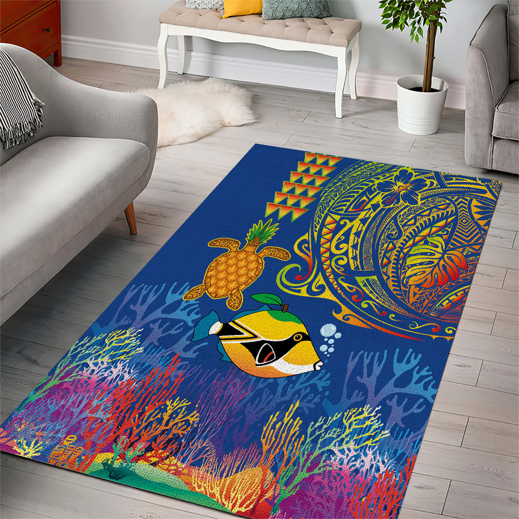 Hawaii Ocean Area Rug Pineapple Turtle and Mango Reef Triggerfish and Kakau Tattoo LT03 - Polynesian Pride