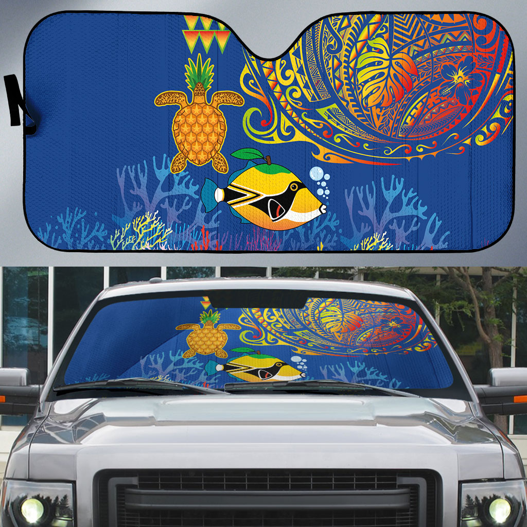 Hawaii Ocean Auto Sun Shade Pineapple Turtle and Mango Reef Triggerfish and Kakau Tattoo LT03 Multicolor - Polynesian Pride