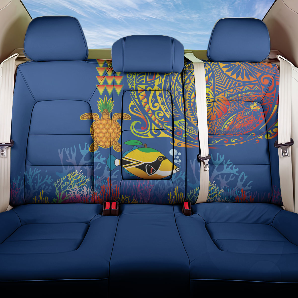 Hawaii Ocean Back Car Seat Cover Pineapple Turtle and Mango Reef Triggerfish and Kakau Tattoo LT03 One Size Multicolor - Polynesian Pride