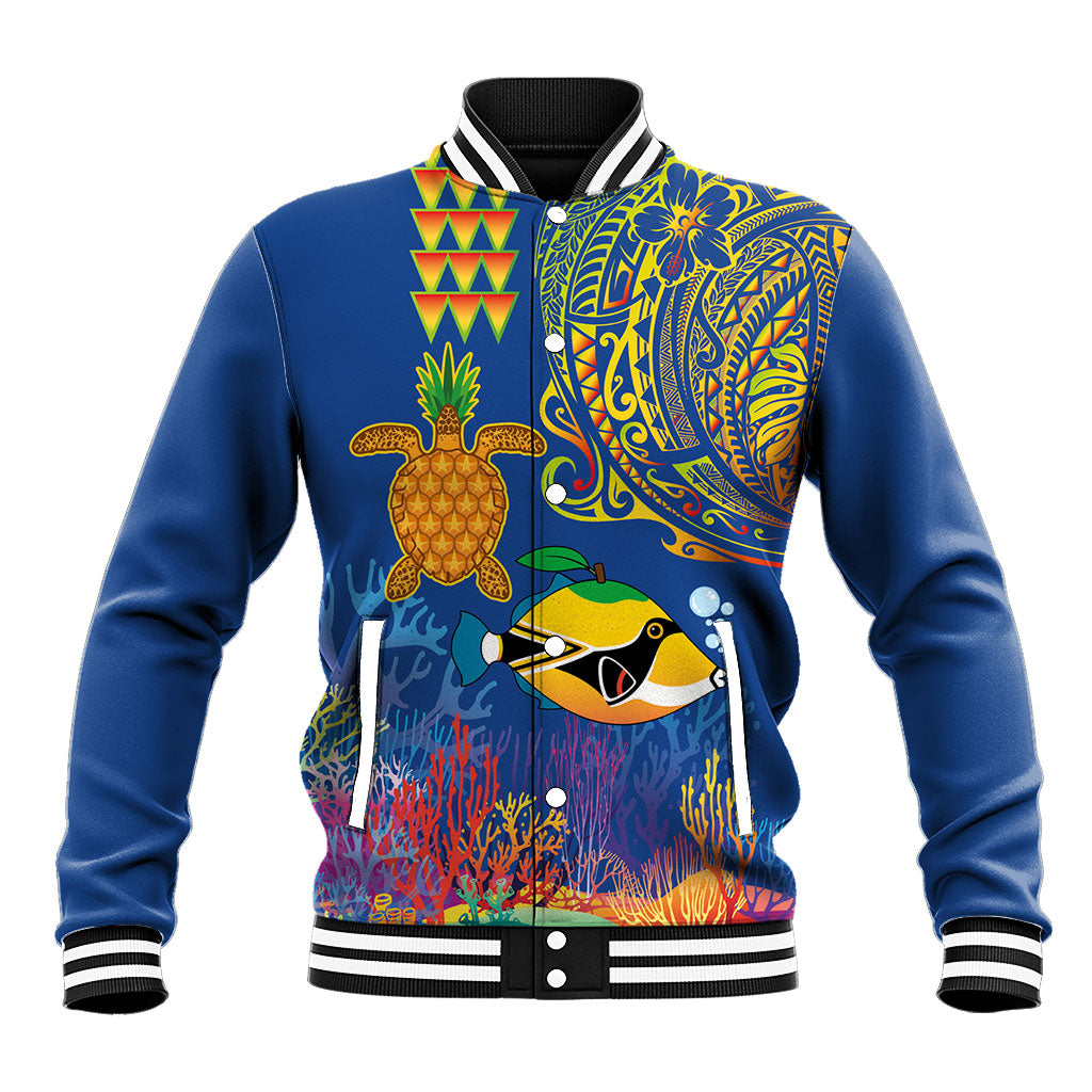 Hawaii Ocean Baseball Jacket Pineapple Turtle and Mango Reef Triggerfish and Kakau Tattoo LT03 Unisex Multicolor - Polynesian Pride