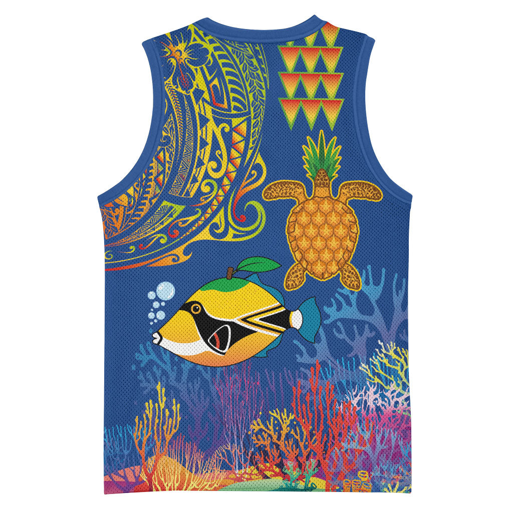 Hawaii Ocean Basketball Jersey Pineapple Turtle and Mango Reef Triggerfish and Kakau Tattoo LT03 - Polynesian Pride