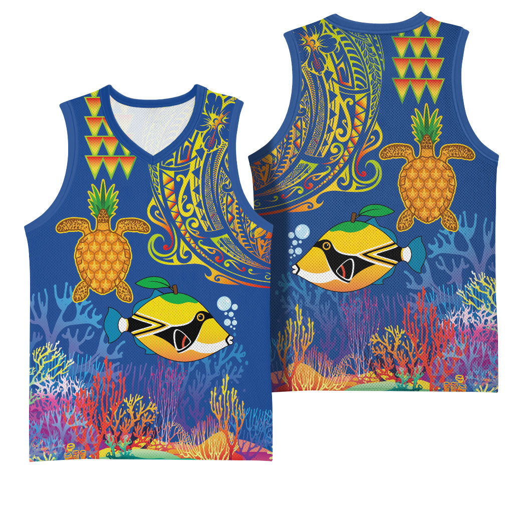 Hawaii Ocean Basketball Jersey Pineapple Turtle and Mango Reef Triggerfish and Kakau Tattoo LT03 - Polynesian Pride