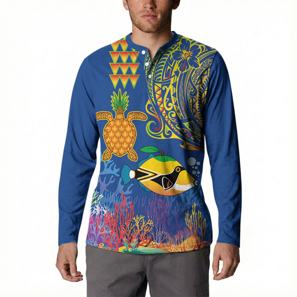 Hawaii Ocean Button Sweatshirt Pineapple Turtle and Mango Reef Triggerfish and Kakau Tattoo LT03 - Polynesian Pride