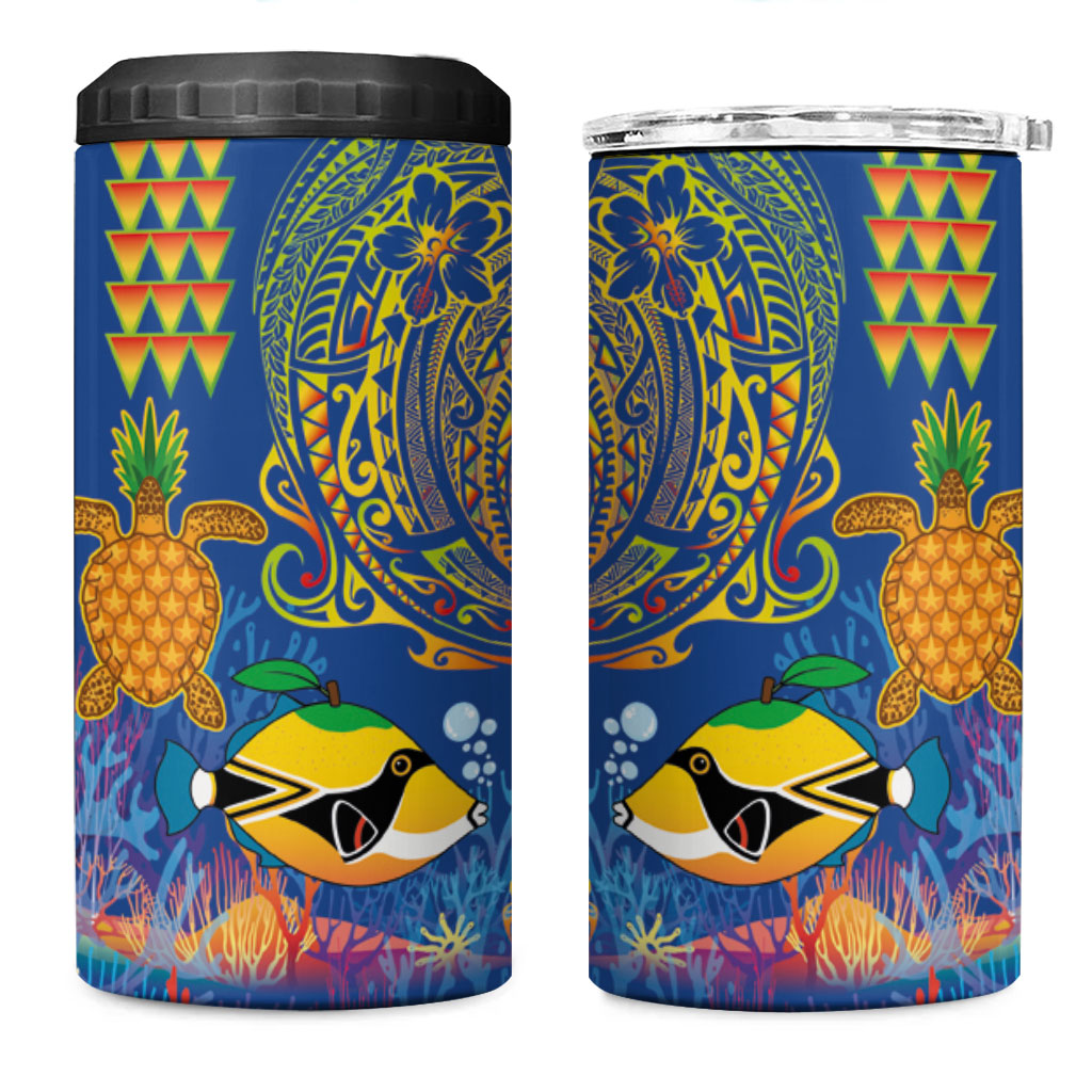 Hawaii Ocean 4 in 1 Can Cooler Tumbler Pineapple Turtle and Mango Reef Triggerfish and Kakau Tattoo
