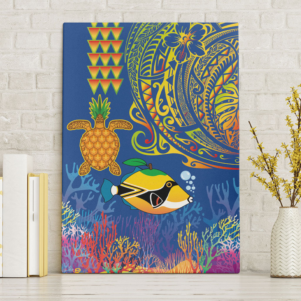 Hawaii Ocean Canvas Wall Art Pineapple Turtle and Mango Reef Triggerfish and Kakau Tattoo LT03 Without Frame Multicolor - Polynesian Pride