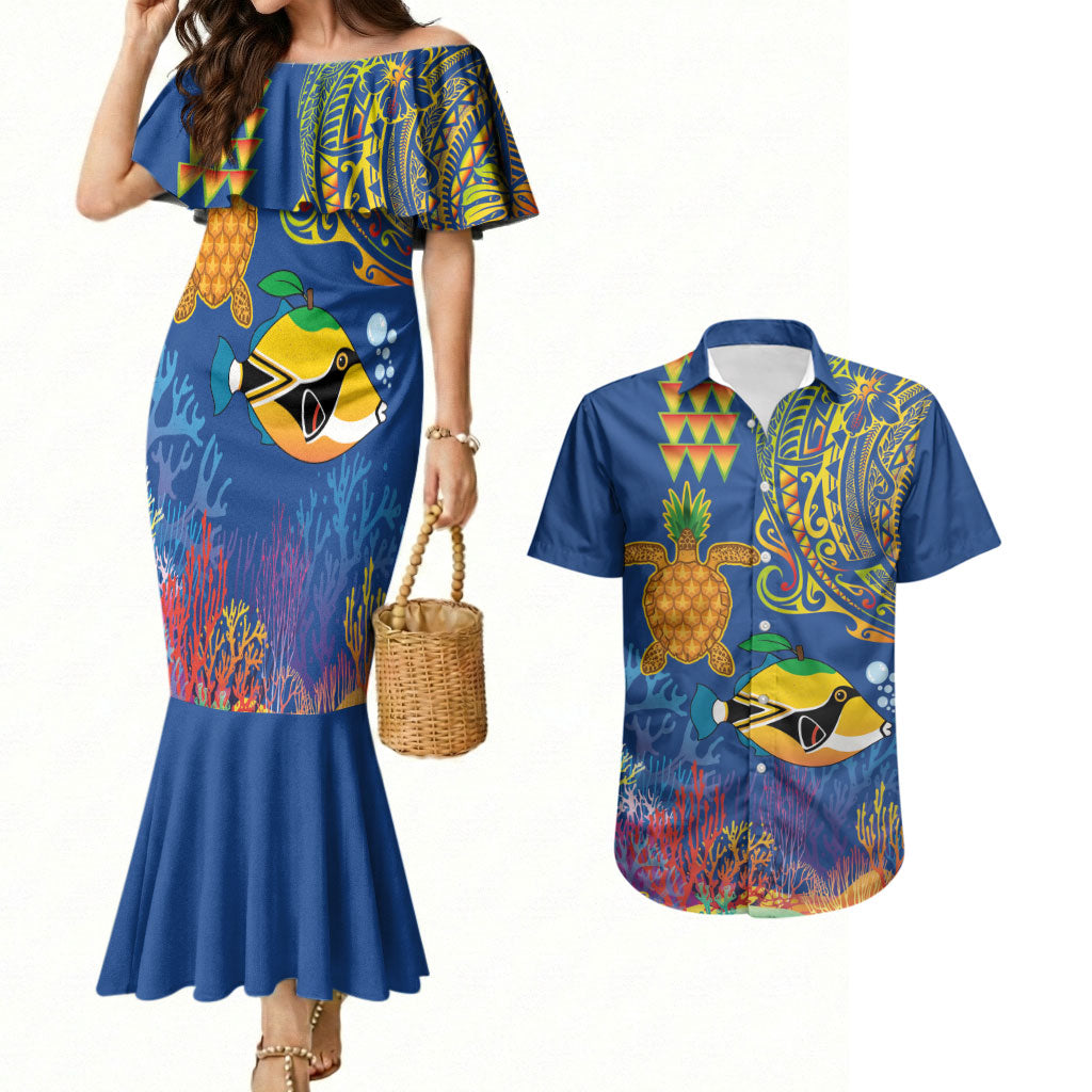 Hawaii Ocean Couples Matching Mermaid Dress and Hawaiian Shirt Pineapple Turtle and Mango Reef Triggerfish and Kakau Tattoo