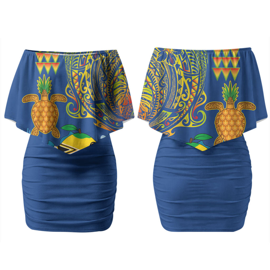 Hawaii Ocean Couples Matching Off Shoulder Short Dress and Long Sleeve Button Shirt Pineapple Turtle and Mango Reef Triggerfish and Kakau Tattoo LT03 - Polynesian Pride
