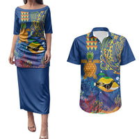 Hawaii Ocean Couples Matching Puletasi and Hawaiian Shirt Pineapple Turtle and Mango Reef Triggerfish and Kakau Tattoo LT03 Multicolor - Polynesian Pride