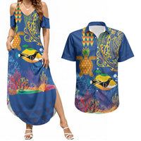 Hawaii Ocean Couples Matching Summer Maxi Dress and Hawaiian Shirt Pineapple Turtle and Mango Reef Triggerfish and Kakau Tattoo LT03 Multicolor - Polynesian Pride