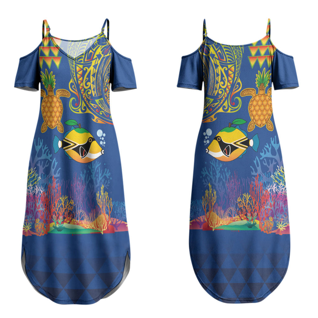 Hawaii Ocean Couples Matching Summer Maxi Dress and Hawaiian Shirt Pineapple Turtle and Mango Reef Triggerfish and Kakau Tattoo LT03 - Polynesian Pride