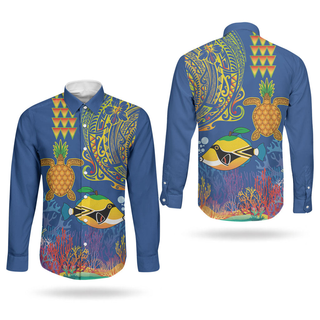 Hawaii Ocean Couples Matching Summer Maxi Dress and Long Sleeve Button Shirt Pineapple Turtle and Mango Reef Triggerfish and Kakau Tattoo LT03 - Polynesian Pride