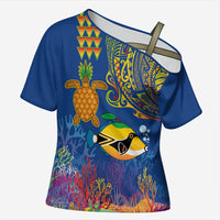 Hawaii Ocean Cross Shoulder Shirt Pineapple Turtle and Mango Reef Triggerfish and Kakau Tattoo LT03 Female Multicolor - Polynesian Pride