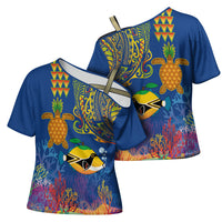Hawaii Ocean Cross Shoulder Shirt Pineapple Turtle and Mango Reef Triggerfish and Kakau Tattoo LT03 - Polynesian Pride