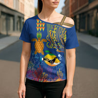 Hawaii Ocean Cross Shoulder Shirt Pineapple Turtle and Mango Reef Triggerfish and Kakau Tattoo LT03 - Polynesian Pride