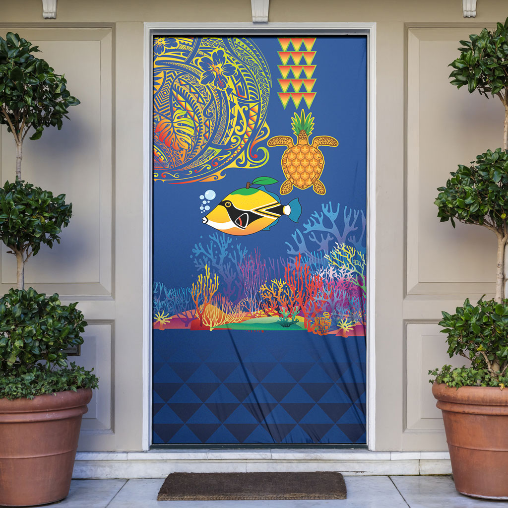 Hawaii Ocean Door Cover Pineapple Turtle and Mango Reef Triggerfish and Kakau Tattoo LT03 Multicolor - Polynesian Pride