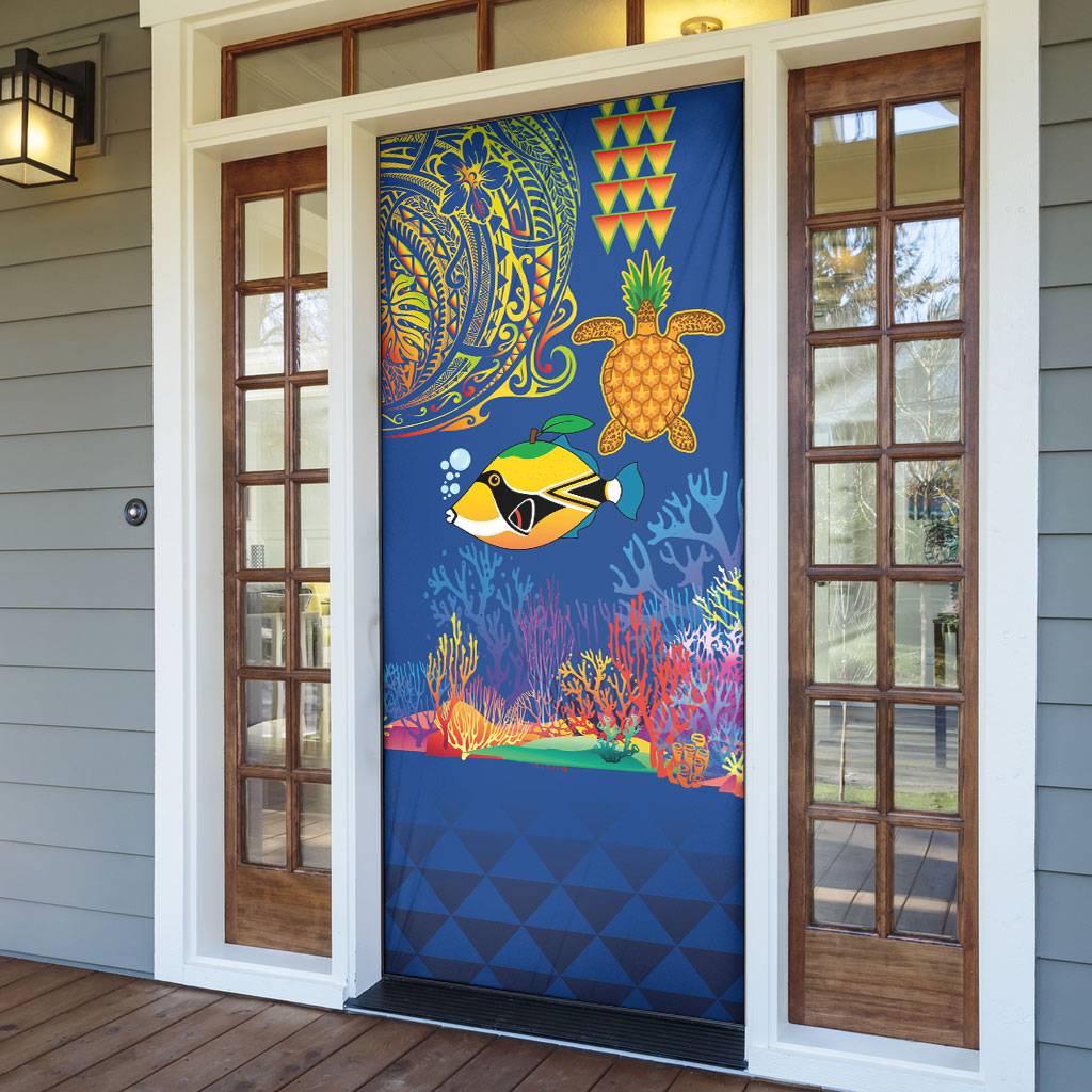 Hawaii Ocean Door Cover Pineapple Turtle and Mango Reef Triggerfish and Kakau Tattoo LT03 - Polynesian Pride