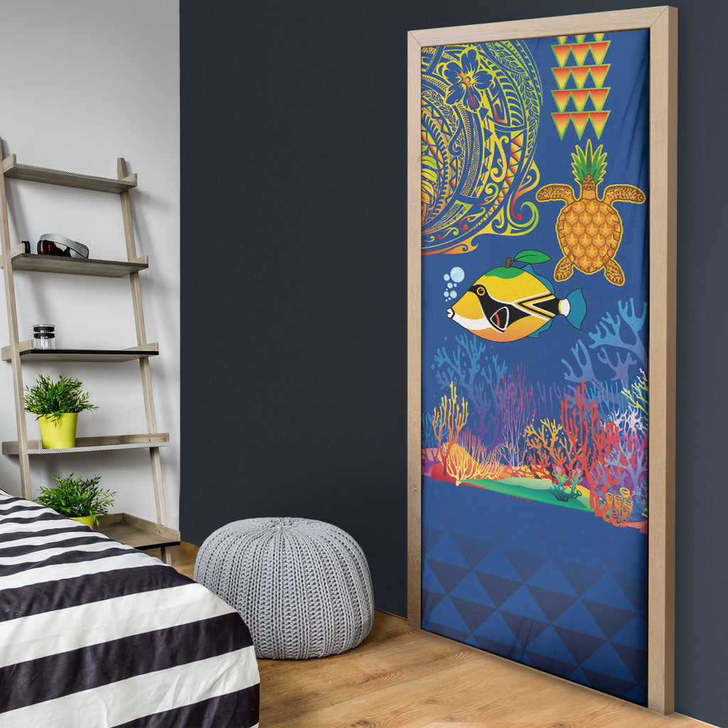 Hawaii Ocean Door Cover Pineapple Turtle and Mango Reef Triggerfish and Kakau Tattoo LT03 - Polynesian Pride