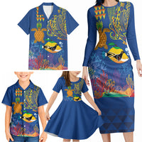 Hawaii Ocean Family Matching Long Sleeve Bodycon Dress and Hawaiian Shirt Pineapple Turtle and Mango Reef Triggerfish and Kakau Tattoo LT03 - Polynesian Pride