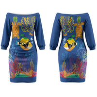Hawaii Ocean Family Matching Off The Shoulder Long Sleeve Dress and Hawaiian Shirt Pineapple Turtle and Mango Reef Triggerfish and Kakau Tattoo LT03 Mom's Dress Multicolor - Polynesian Pride