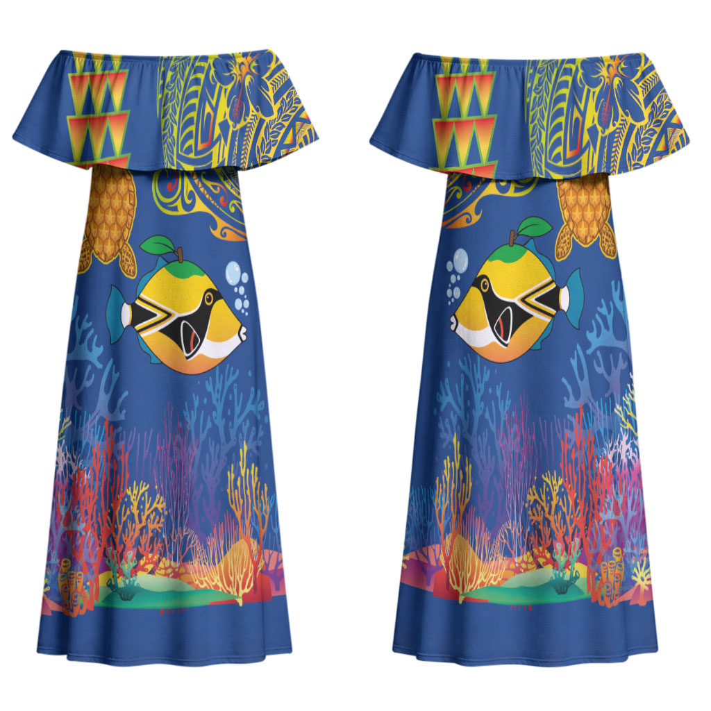 Hawaii Ocean Family Matching Off Shoulder Maxi Dress and Hawaiian Shirt Pineapple Turtle and Mango Reef Triggerfish and Kakau Tattoo LT03 Mom's Dress Multicolor - Polynesian Pride