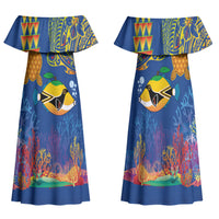 Hawaii Ocean Family Matching Off Shoulder Maxi Dress and Hawaiian Shirt Pineapple Turtle and Mango Reef Triggerfish and Kakau Tattoo LT03 Mom's Dress Multicolor - Polynesian Pride