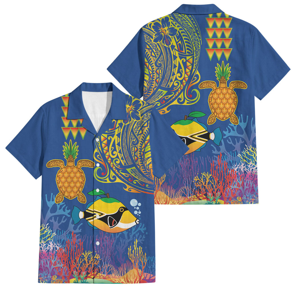 Hawaii Ocean Family Matching Off Shoulder Maxi Dress and Hawaiian Shirt Pineapple Turtle and Mango Reef Triggerfish and Kakau Tattoo LT03 Dad's Shirt - Short Sleeve Multicolor - Polynesian Pride