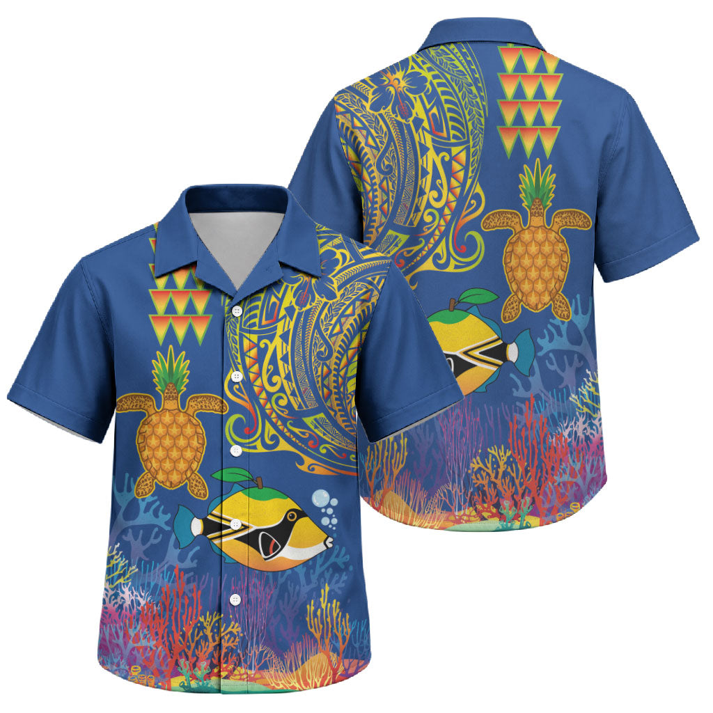 Hawaii Ocean Family Matching Off Shoulder Short Dress and Hawaiian Shirt Pineapple Turtle and Mango Reef Triggerfish and Kakau Tattoo LT03 Son's Shirt Multicolor - Polynesian Pride