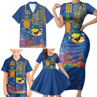 Hawaii Ocean Family Matching Short Sleeve Bodycon Dress and Hawaiian Shirt Pineapple Turtle and Mango Reef Triggerfish and Kakau Tattoo LT03 - Polynesian Pride