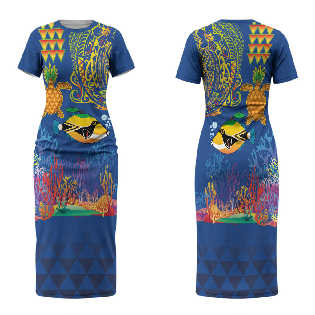 Hawaii Ocean Family Matching Short Sleeve Bodycon Dress and Hawaiian Shirt Pineapple Turtle and Mango Reef Triggerfish and Kakau Tattoo LT03 Mom's Dress Multicolor - Polynesian Pride