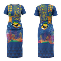Hawaii Ocean Family Matching Short Sleeve Bodycon Dress and Hawaiian Shirt Pineapple Turtle and Mango Reef Triggerfish and Kakau Tattoo LT03 Mom's Dress Multicolor - Polynesian Pride