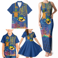 Hawaii Ocean Family Matching Tank Maxi Dress and Hawaiian Shirt Pineapple Turtle and Mango Reef Triggerfish and Kakau Tattoo LT03 - Polynesian Pride