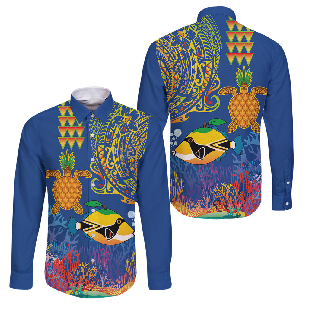 Hawaii Ocean Family Matching Tank Maxi Dress and Hawaiian Shirt Pineapple Turtle and Mango Reef Triggerfish and Kakau Tattoo LT03 Dad's Shirt - Long Sleeve Multicolor - Polynesian Pride